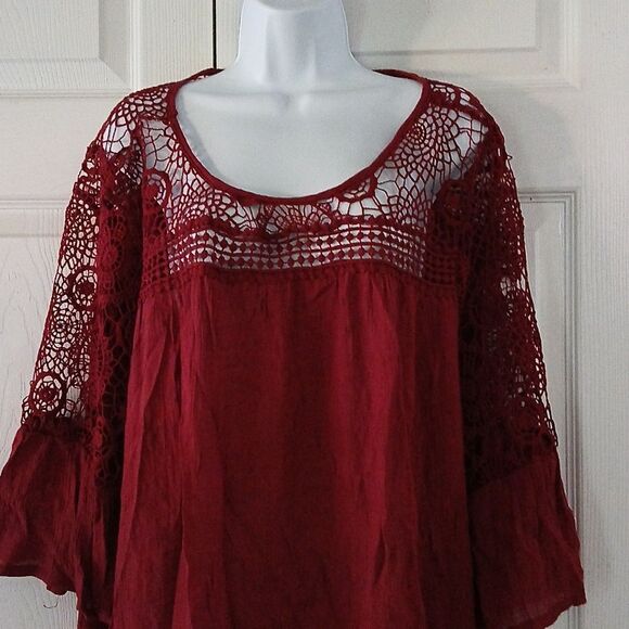 Forgotten Grace wine color crochet tunic blouse bell sleeve  Sz 3X - Picture 3 of 7